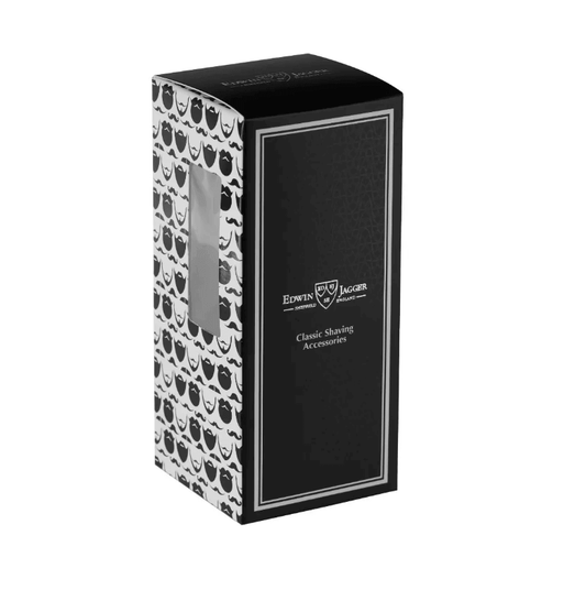 Aukštos kokybės sintetinis skutimosi šepetėlis Edwin Jagger Ivory Black Synthetic. Sintetinis pluoštas yra etiška, draugiška veganams, prieinama alternatyva barsukų plaukams.