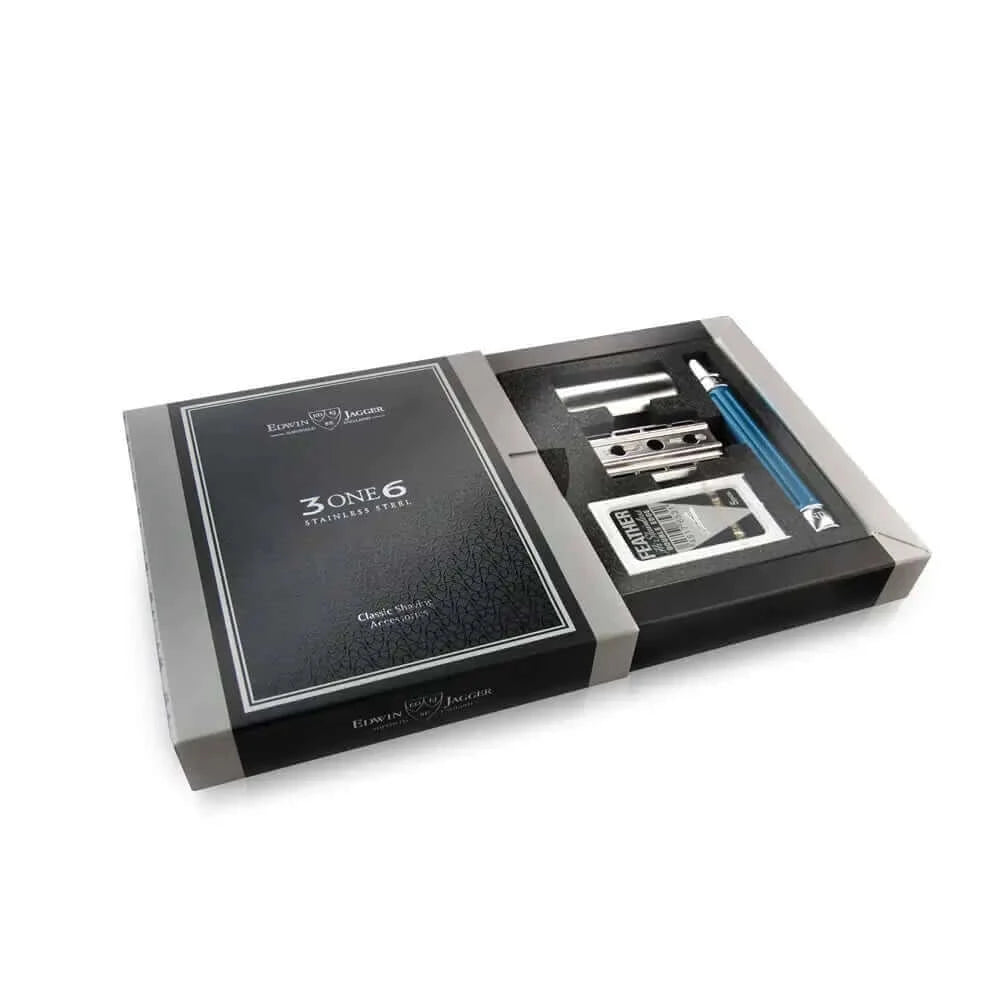 Edwin Jagger 3ONE6 - nerūdijančio plieno skustuvas su mėlynos spalvos anoduota rankenėle. Edwin Jagger 3ONE6 pasižymi inovatyviu dizainu ir aukščiausios kokybės gamybos technologijomis.