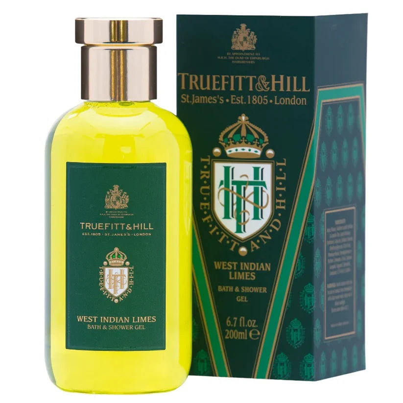 Truefitt & Hill West Indian Limes Bath & Shower Gel, 200 ml prabangi dušo želė su laimų ir bergamotės aromatu.