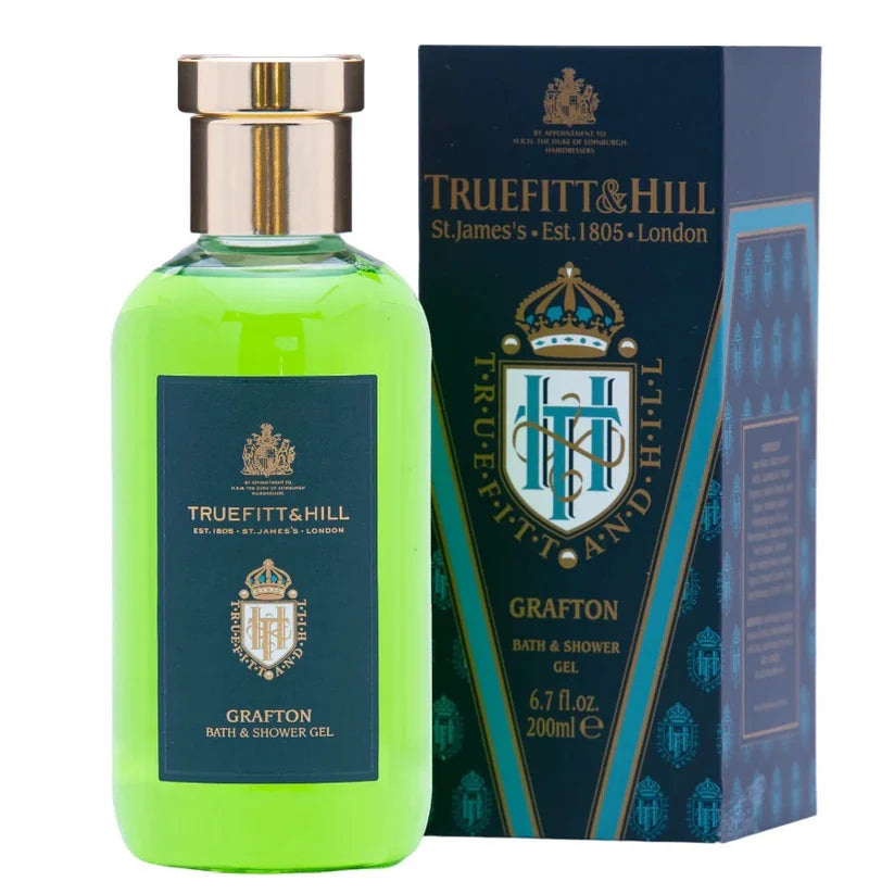 Truefitt & Hill Grafton Bath & Shower Gel, 200 ml prabangi dušo želė su odos ir sandalmedžio aromatu.