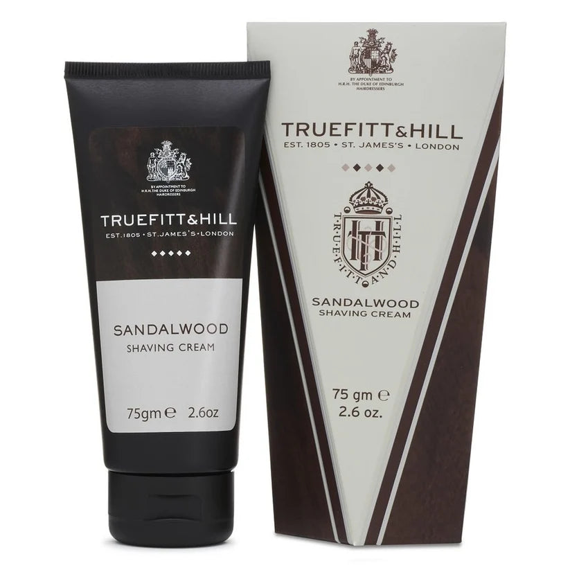 Truefitt & Hill Sandalwood skutimosi kremas vyrams, 75g tūbelė su sandalo aromatu.