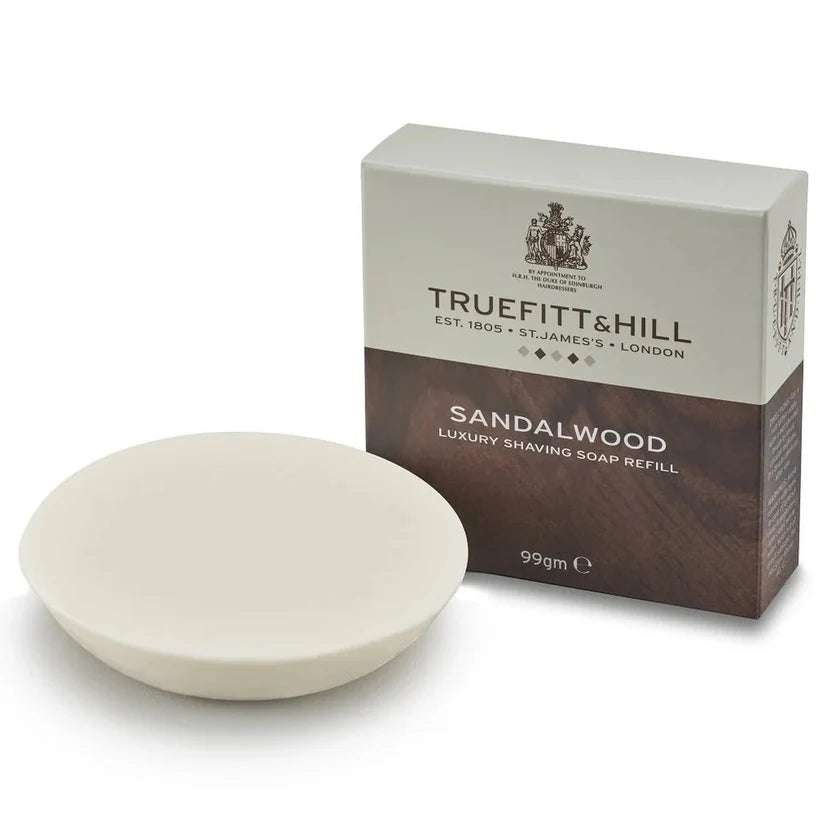 Truefitt & Hill Sandalwood prabangaus skutimosi muilo papildymas, 100g, su sandalmedžio ir meliono natomis.